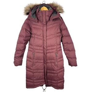 Columbia Down Long Puffer Parka Burgundy‎ Faux Fur Hood Winter Coat Small